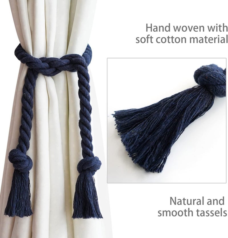 Yteseery 6 Pack Outdoor Curtain Tiebacks Rope, Natural Cotton Curtain Holders, Village Rural Rustic Curtain Holdbacks, Farmhouse Nautical Curtain Rope Tie Back for Drapery Patio, (Navy Blue) - Image 2